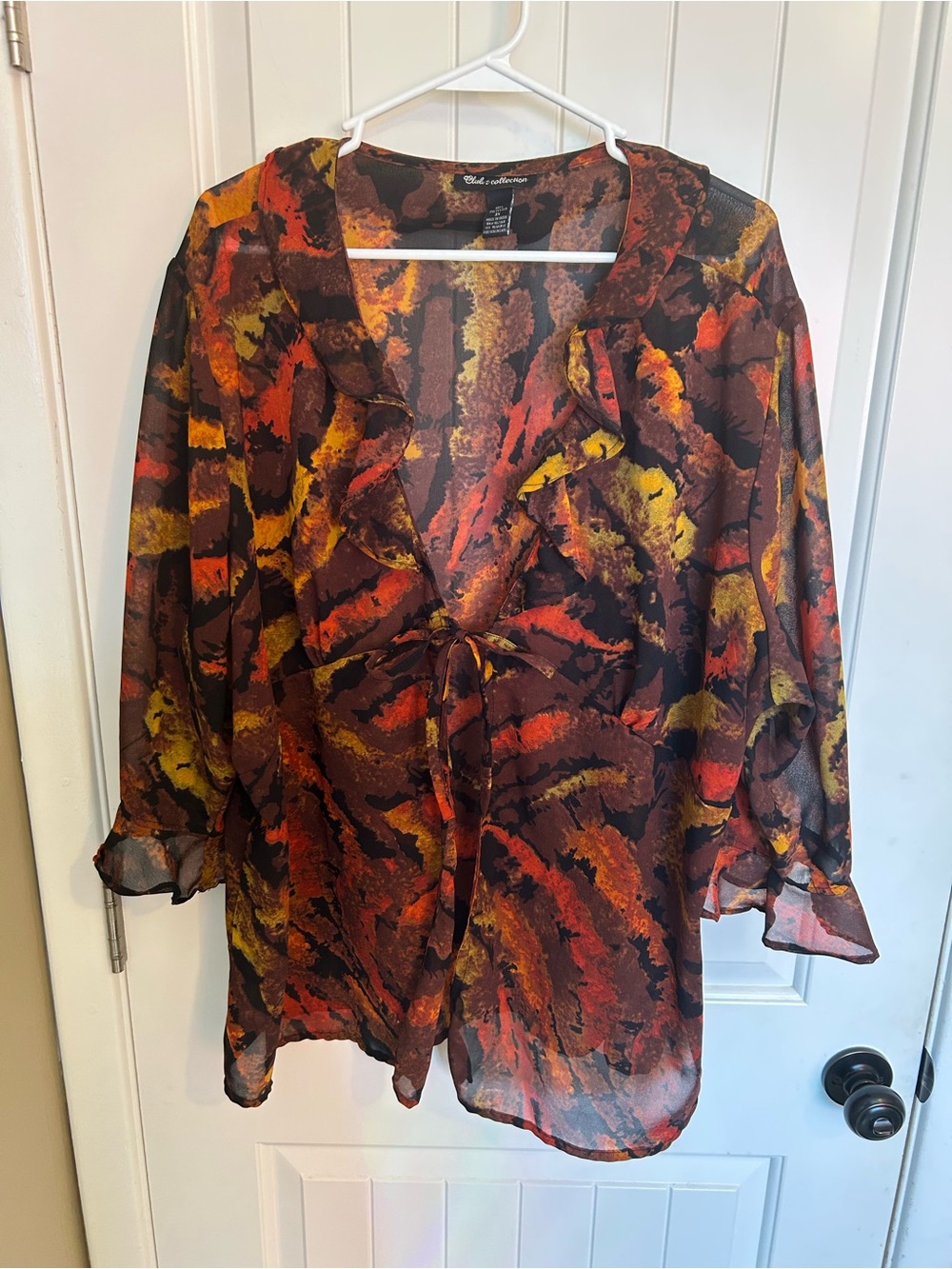 Sheer Ruffle Tie-Front Blouse in Rust Multi